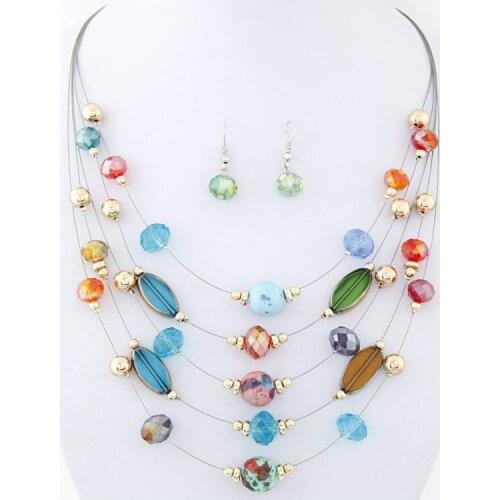 Fashion Jewelry Sets Women Joker Bohemian Crystal Multilayer natural Stone Beads Statement Chocker Necklace Set