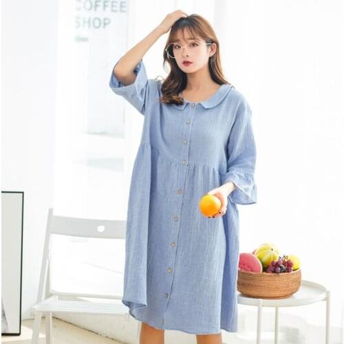 Nightdress female summer cotton gauze washed crepe thin section buttoned lapel home skirt loose large size simple dress bathrobe
