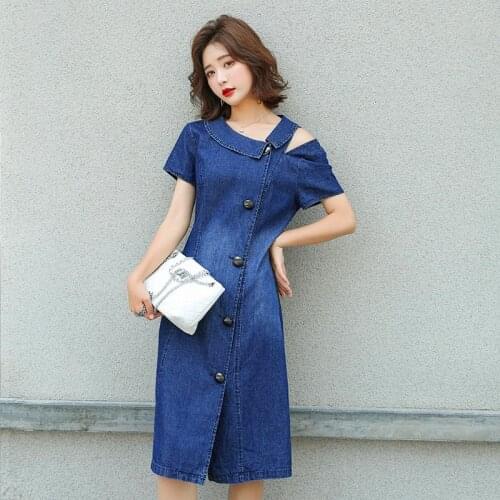 New Summer Style Women Dresses Plus Size Casual Asymmetric Off Shoulder Slim Solid Jeans Dress For Females Denim One-Piece
