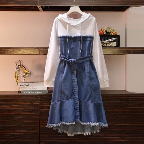 New Korean 2019 Autumn Dress Hooded Casual Large Size Womens Clothing Splice Asymmetry Denim Dress Plus Size 5XL Vestidos f1813