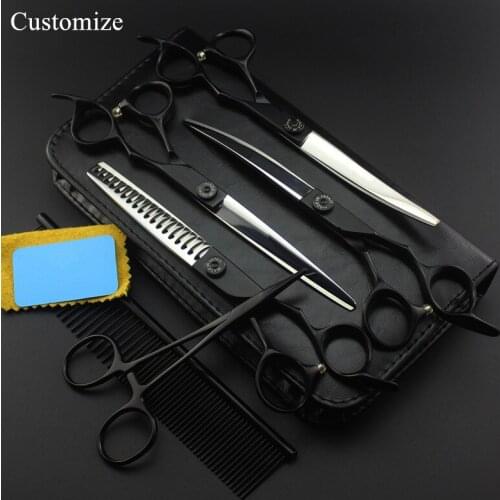 Customize 6 kit Japan 440c 7 inch black handle Pet dog grooming hair thinning shears curved cutting barber hairdressing scissors