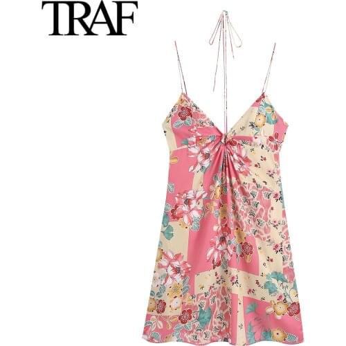 TRAF Za Summer Dress Womens Clothing Chic Sleeveless Dress Suspender Mini Skirt Flower Satin Dress Nightclub Sexy Party Dress