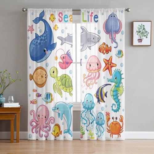 Undersea Animals Sae Life Cartoon Sheer Curtains for Living Room Kitchen Tulle for Windows Voile Yarn Curtains for Bedroom