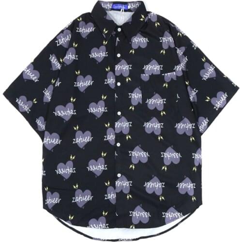 New Summer Shirt Women Oversize Harajuku Loose Short Sleeve Square Collar Blouse Cartoon Love Pattern Printing Vintage Man Shirt