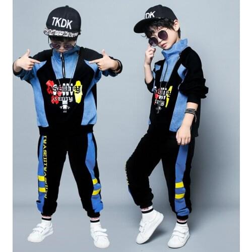 Spring Autumn Loose Kids Boys Street Wear 2 Piece Sets Denim Patchwork Pullover+Sweatpants Fashion Children Tracksuit 4-16T