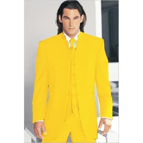 Brand New Groomsmen Yellow Groom Tuxedos Mandarin Lapel Men Suits Wedding Best Man Blazer ( Jacket+Pants+Vest+Tie ) C467