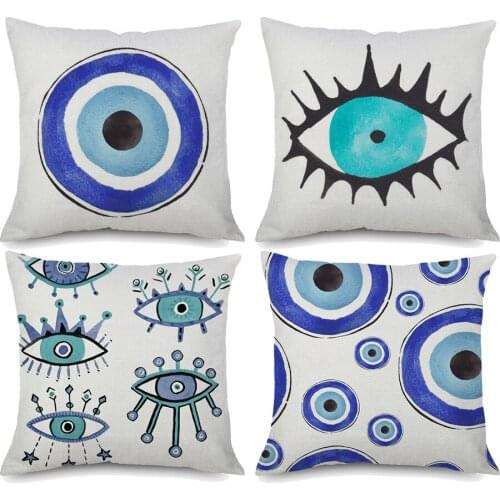 Turkish Evil Eye Cushion Cover Blue Eye Oil Painting Throw Pillow Case 45X45cm Good Linen Quality