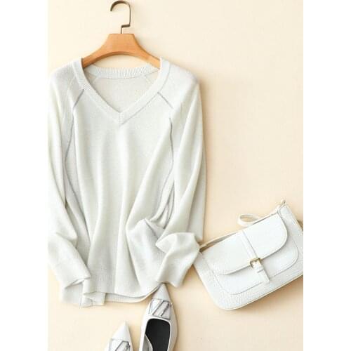 Elegant fashion cashmere merino wool v neck sweaters women casual loose long sleeve white pullovers knitted ladies knitwear