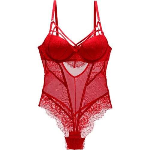 Bodysuit Women Push Up Red Strappy Cup Eyelash Lace Floral Pattern Padded Underwire Lingerie Women Shapewear High Quality