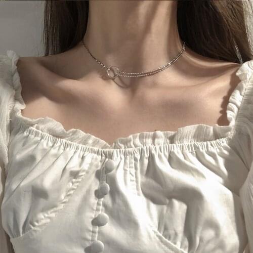 925 Sterling Silver Double Layer Round Circle Choker Necklace for Women Asymmetric Chain Necklace Jewelry Gifts S-N725