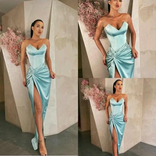 Blue Sexy Mermaid Prom Dresses Satin Sweetheart High Split Ruffle Peplum Evening Dress Party Red Carpet Formal Wear Ogstuff robe