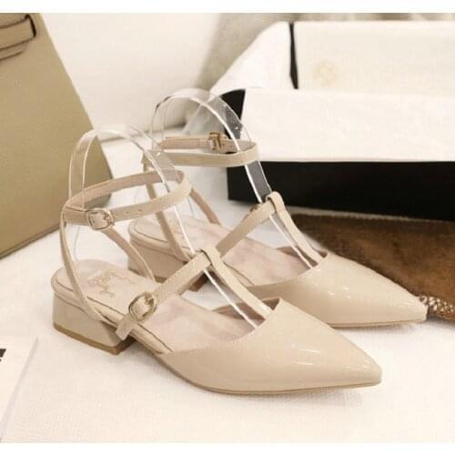 2020 summer patent PU leather woman casual shoes pointed toe T-strap red beige women sandals chunky low heels plus size 33-48