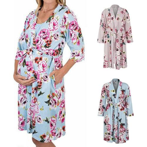 2020 Women Lady Maternity Dress Nursing Nightdress Nightgown Sleepwear Floral Top Bathrobe Floral Print Dress With Belt