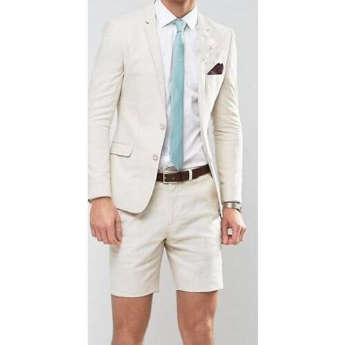 2021 Summer Male Costume Fashion Leisure White Mens Slim Suit Groom Wedding Dress Beach Party Tuxedo Suits (Jacket + Shorts)
