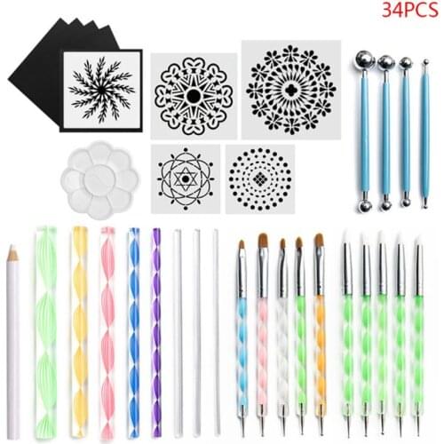 34Pcs/Set Mandala Dotted Tools Set for Painting Rock Stone Multifunction Paint Stencil Point Brush Pen Handwork