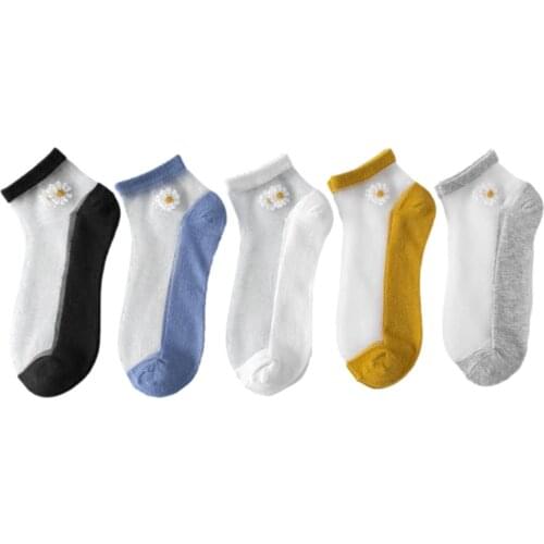 5 Pairs Socks small daisy Women short Socks summer boat sock glass silk Ultra Thin Breathable shallow mouth cotton socks