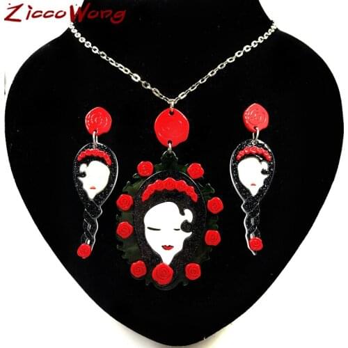 ZiccoWong Acrylic Flower Girl Necklace Pendant Set For Women Girl Long Chain Choker Pendant Necklace Fashion Wedding Gift