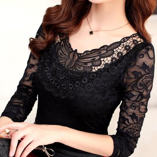 Spring Summer Fashion Women Elegant Black Lace Blouse Shirt Long Sleeve Sexy Tops Women Plus Size Clothing