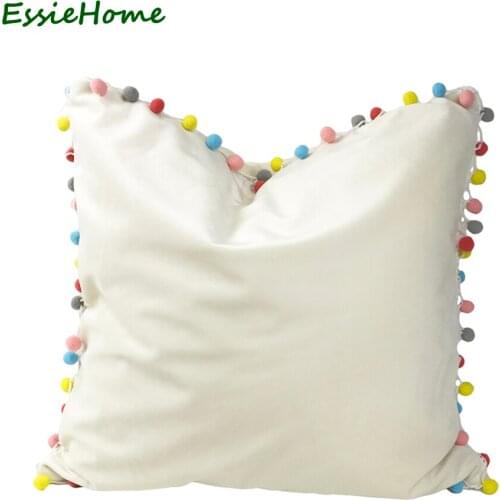 ESSIE HOME Cute Soft Velvet Pom Pom Trim Cushion Cover Pillow Case Tassel Pillow Case Cushion Cover Lovely Childrens Room Decor