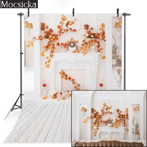Fall Maple Leaf Photography Backdrop White Fireplace Living Room Family Party Portrait Background Pumpkin Christmas Photo Shoot