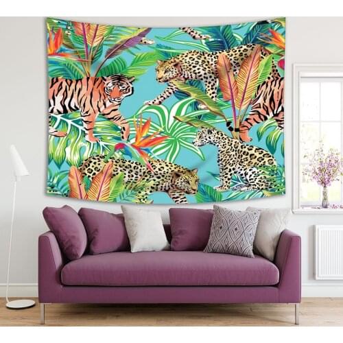 Tapestry Tiger and Leopards in Exotic Jungle Big Leaf Plants Trees Wildlife Animals Nature Artwork Blue Green Brown