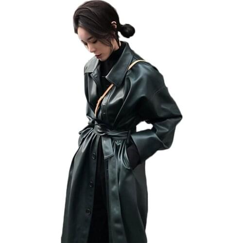GOOHOJIO Cool PU Leather Long Jacket 2020 Fashion Women Jacket Loose Belt PU Leather Windbreaker Trench Women Coat Slim Autumn