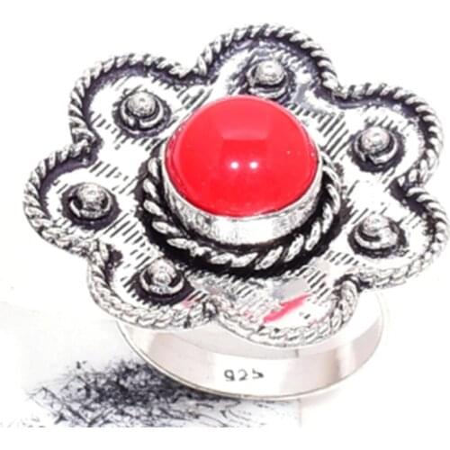 Genuine Coral Ring Silver , Hand Made Women Jewelry gift , R7002 , Size: 7.5