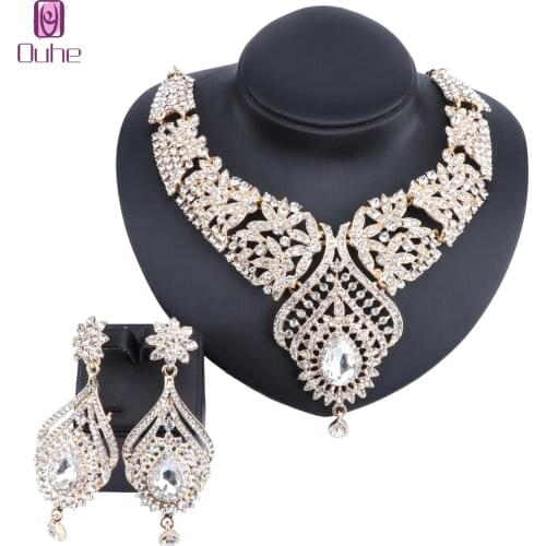Womens Elegant Austrian Crystal Statement Necklace Earrings Jewelry Set For Wedding Dress 5 Colors
