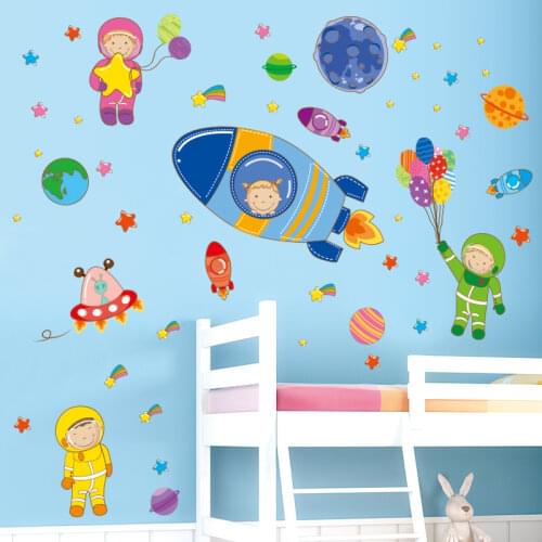 Cartoon Astronauts Rockets Wall Stickers DIY Planets Wall Decals for Kids Rooms Baby Bedroom Nursery Home Decoration