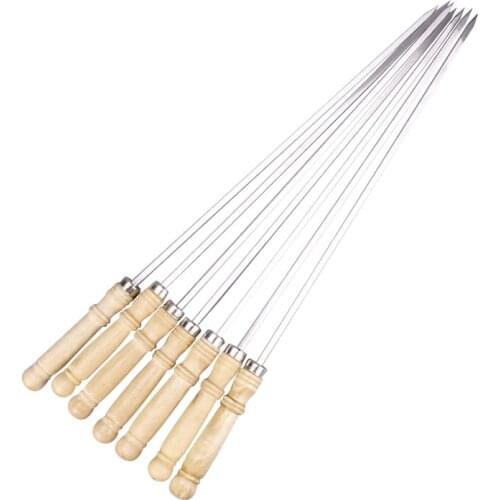 Food grade stainless steel BBQ Skewer Shish Kebab BBQ Fork Set Long Flat Wood Handle Barbecue Needle Meat Grill Outdoor Tools