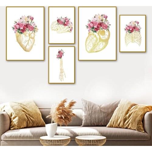 Golden Anatomy Head Heart Brain Flower Wall Art Canvas Painting Nordic Posters And Prints Wall Pictures For Living Room Decor