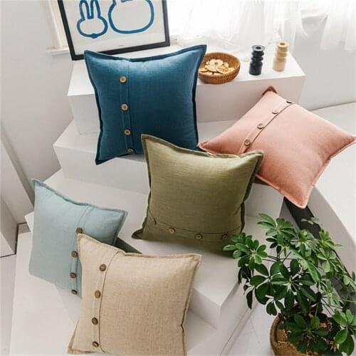 Japanese Style Sky Blue Cushion Cover 45x45cm Cotton Linen Pillow Cover Button Home Decorative Pillows For Sofa Seat Living Room