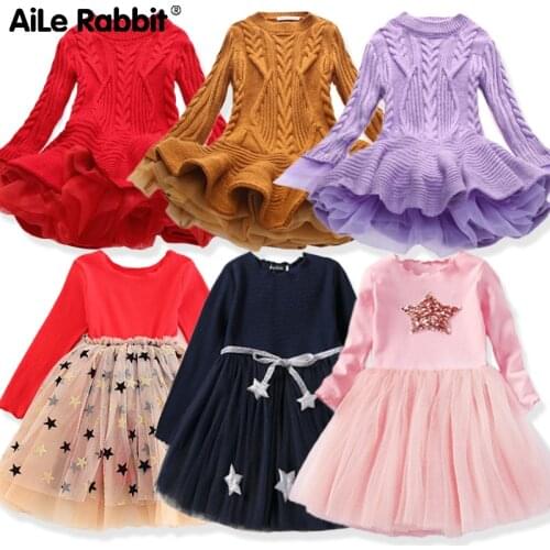 Autumn Winter Girls Dress Sweater Dress Long-sleeved New Year Christmas Dress Childrens Fashion Red Star Princess Dress