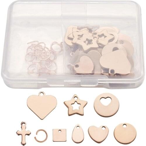 Pandahall 1 box 304 Stainless Steel Stamping Blank Tag Charms Sets Star Square Heart Flat Round Cross for Jewelry Making