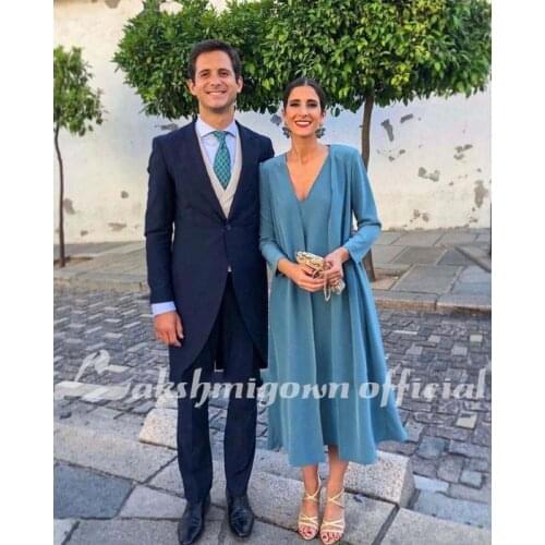 Simple V-Neck Mother of The Bride or Groom Dresses for Wedding Party Gowns with Long Jacket Outfit 2 Pieces Blue Tea Length
