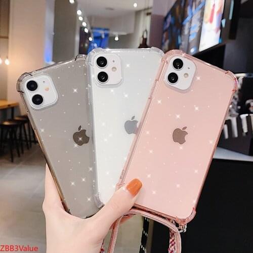 Strap Cord Chain Tape Necklace Lanyard Phone Case For iPhone12 11 7 8Plus 11Pro X XR XS Max Soft Clear Colorful Back Cover Shell