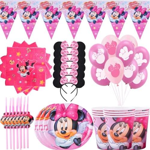 Disney Pink Minnie Mouse Theme Party Supplies Paper Cups Plates Caps Straws Gift Bags Kids Girl Birthday Party Baby Shower Decor