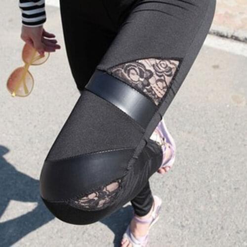 LJCUIYAO Spring Autumn Leather Workout Leggings Charming Warm Cheap Lace Legins Sexy PU Leggins Skinny Stretch Splicing Pants