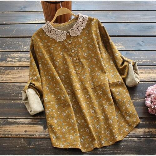 Spring Sweet Style Lace Collar Floral Print Stitching Cotton And Linen Shirt 2021 Womens Casual Rolled Up Sleeve Blouses Tops
