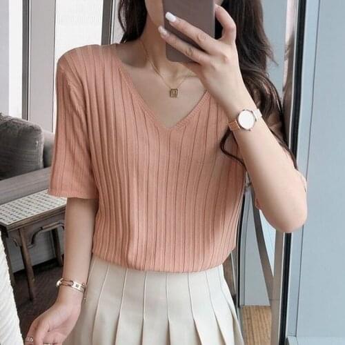 Women Knitting T-shirt thin Cotton Ladies Solid Short Sleeve shirts Ribbed Pullover tops Soft loose V-Neck lady bottoming shirt