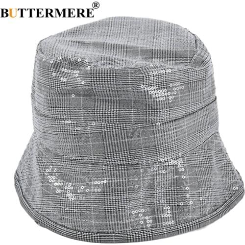 BUTTERMERE Paillette Women Bucket Hat Vintage Foldable Hat Summer Sun Protection Gray Chain Decoration Ladies Fisherman Hat
