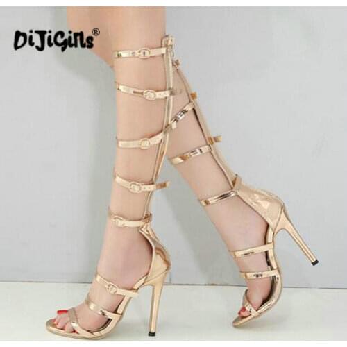 Dijigirls 2018 Summer Hollow Gladiator Sandals Catwalk High Heels Open Toe Multi Buckle Mid-Calf Woman Pumps Style Party Shoes
