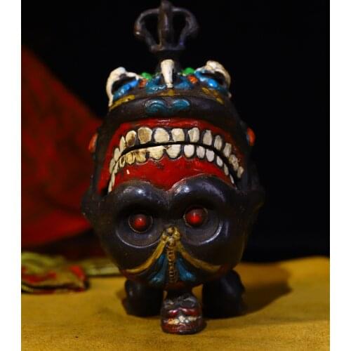 5"Chinese temple collection Old Bronze Tracing Shituo Lin Skull head Monkey head statue incense burner Pendant amulet Town House