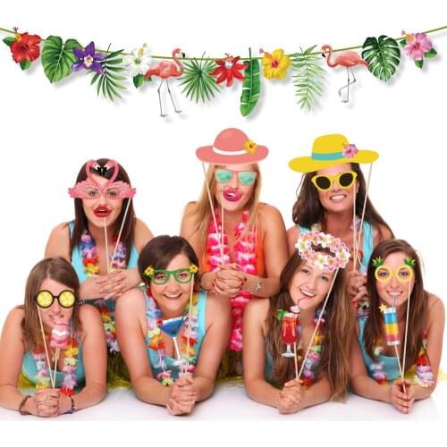 BA148 Hawaii Summer Beach Party Palm Leaves Flowers Flamingo Animals Design Banner for Kids Party Happy Birthday Party Banner