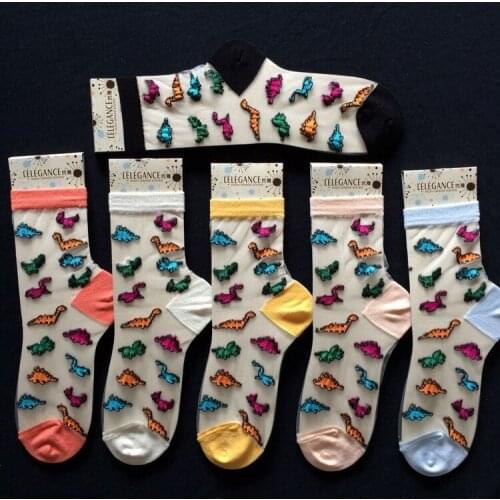 Free Shipping 24pcs=12pair tutuanna Dinosaur colorful crystal glass silk lady socks women socks