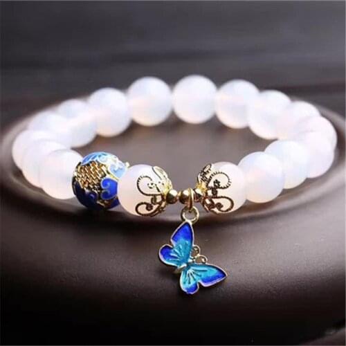High Quantity 10mm beads White Agates natural stone bracelet women accessories metal butterfly pendant tasbih jewelry wholesale