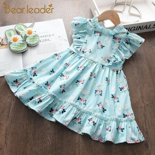 Bear Leader Girls Flowers Print Dresses New Fashion Baby Girl Summer Ruffles Costumes Kids Sweet Sleeveless Clothes Fancy Suits
