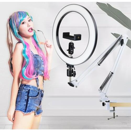 Dimmable LED Selfie Ring Light With Tripod Phone Holder For Makeup Youtube Video Lives Studio Desk Long Arm Photography Lighting