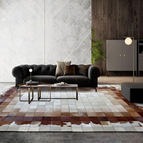 European style genuine cowhide patchwork rug in brown color , big size milch cow skin fur chequer area rug for living room