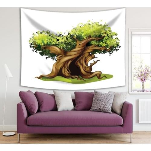 Tapestry Cartoon Oak Fairy Tale Magic Tree Forest Ancient Bonsai Story for Kids Art Green Brown